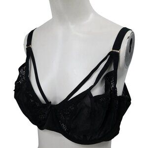 Cacique Unlined Balconette Black Underwire Caged Bra Size 44C Lace Sexy Sheer